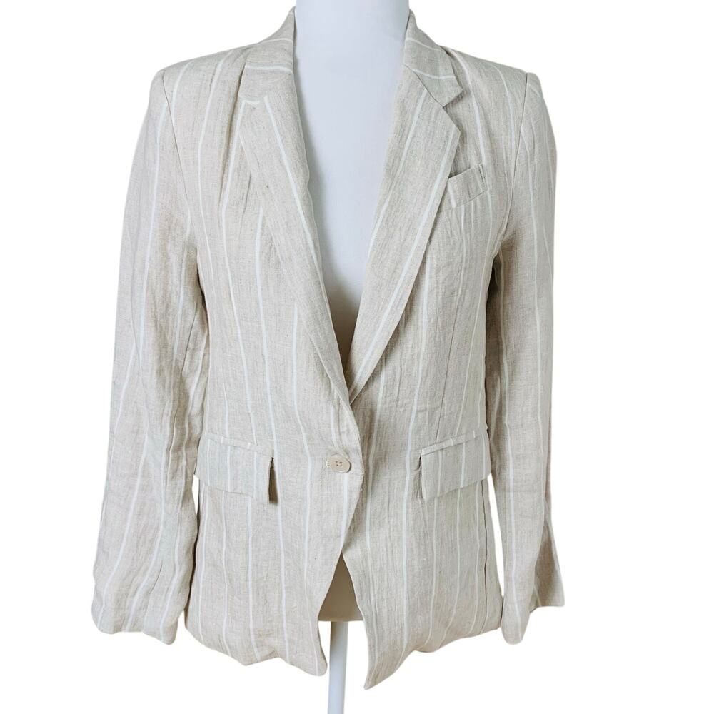 Olivaceous Size S Women's Striped Blazer Jacket Beige One Button Linen Career